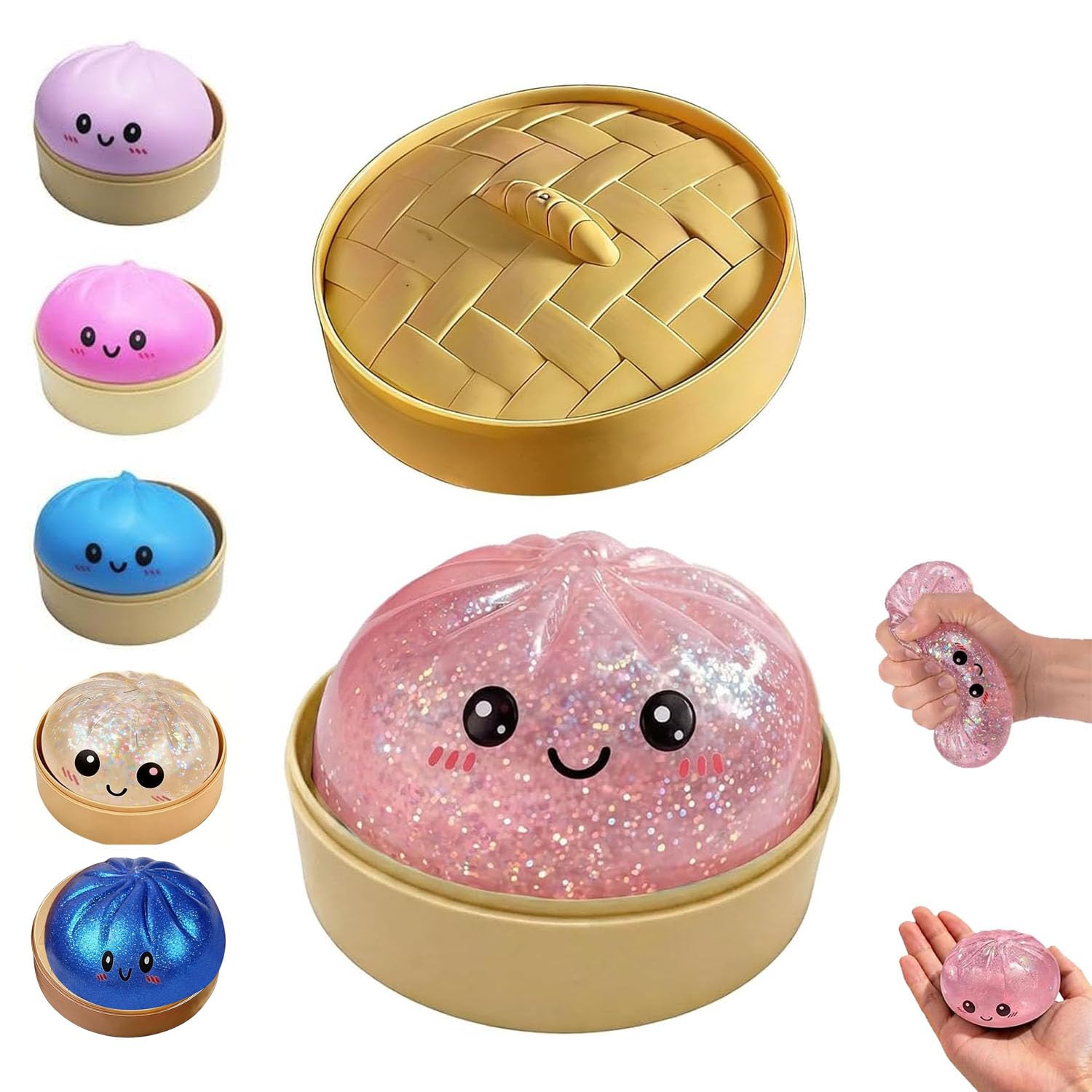 Dumpling Squishies Toy, Giant Glitter Dumpling, Colorful Dumplings Stress Balls Fidget Sensory Toy,Soft Squeeze Decompression Dough with Food Steamer, Stretchy Desk Toys (Purple)